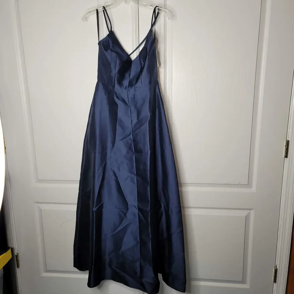 Alfred Sung V-Neck Criss Cross Back Satin Night Out Dress Midnight Blue Size 6 - Picture 3 of 6